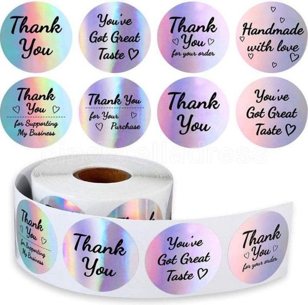 Rainbow MERCI Autocollants Black Ink Holographic Silver Business Sticker 500 Étiquettes Différentes pour Business Boutiques Shopping6180290
