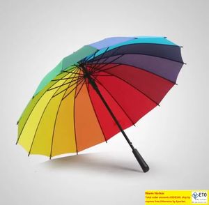 Regenboog paraplu lang handvat 16k rechte winddichte kleurrijke pongee paraplu's vrouwen mannen zonnige regenachtige SN2923