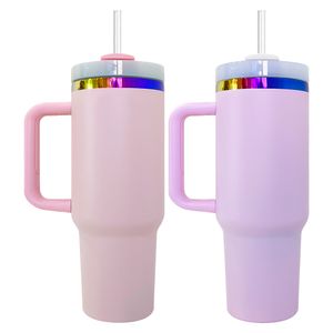 Regenboog vacuüm geïsoleerd dubbelwandig poeder gecoate roze paars vergulde H2,0 40oz Quencher Tumbler met deksel en rietje voor Valentijnsdag en moederdag