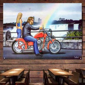 Regenboog Vintage Motorfietsen Banner Vlag Poster Wall Art Schilderen Tapestry Man Cave Bar Club Pub Garage Home Decor Muurschildering Sticker L230620