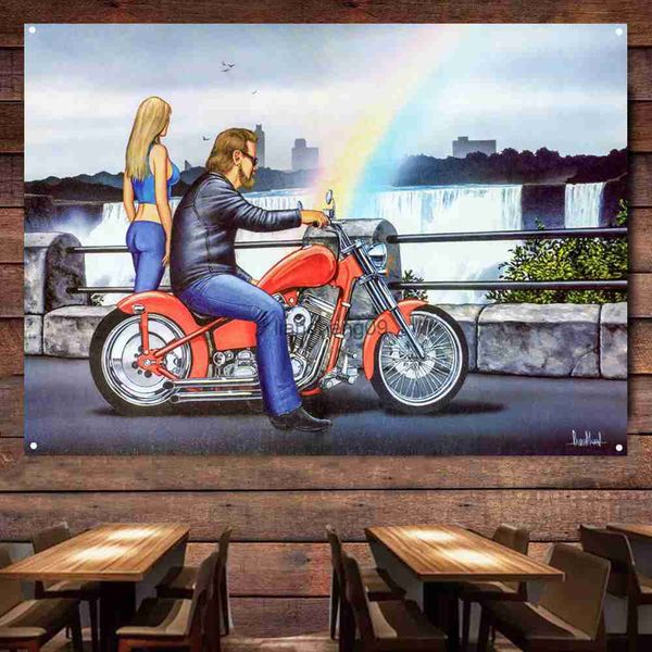 Rainbow Vintage Motocicletas Banner Bandera Póster Arte de la pared Pintura Tapiz Hombre Cueva Bar Club Pub Garaje Decoración para el hogar Mural Sticker L230620