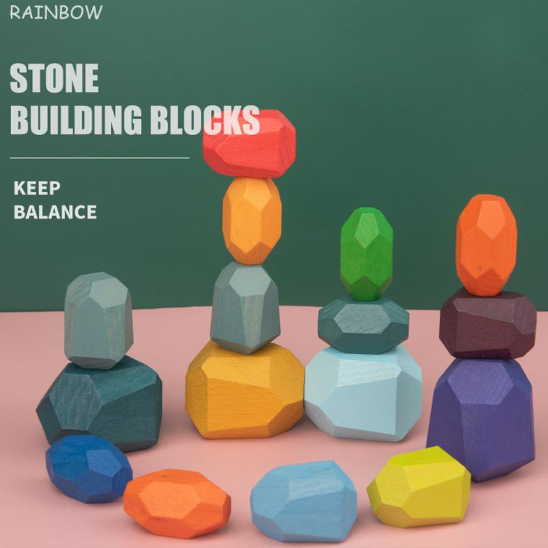Rainbow Wooden Stones Building Blocks Colorful Stacking Balance Games Montessori Educational Toys For Children Creative Gifts