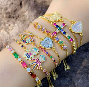 Bracelet en diamant arc-en-ciel en zircon, chaînes en or 18 carats, chaîne de traction, couronne réglable, cœur, croix, bracelets à breloques pour femmes, bijoux à la mode