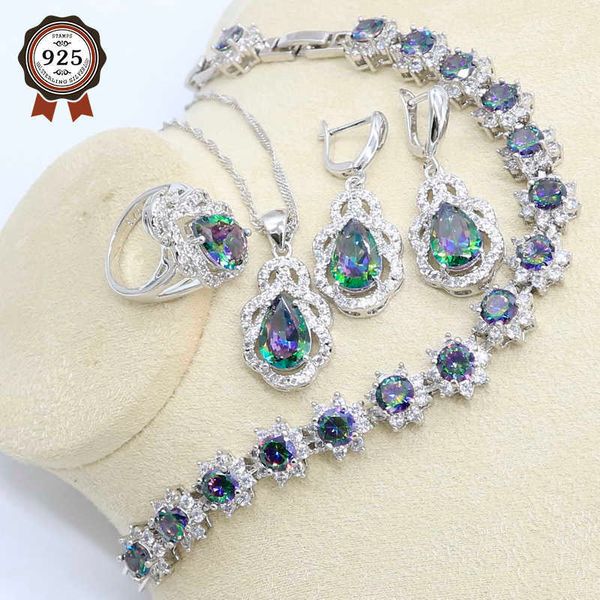 Rainbow Zircon Silver Color Jewelry Juego para mujeres Pulsera Pendiente Collar Colgante Anillo Caja de regalo H1022