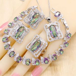 Arc-en-ciel zircone argent couleur ensembles de bijoux de mariage pour femmes Bracelet boucles d'oreilles collier pendentif anneau cadeau d'anniversaire H1022