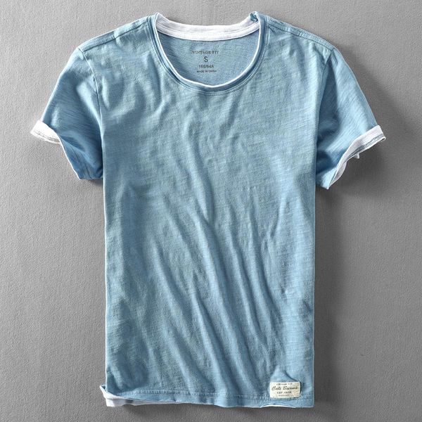Imperméables Faux Deux T-shirts pour Hommes Rétro Mode Été Coton Couleur Unie À Manches Courtes Hauts Mâle Casual Simple Mince Blanc Tee Vêtements