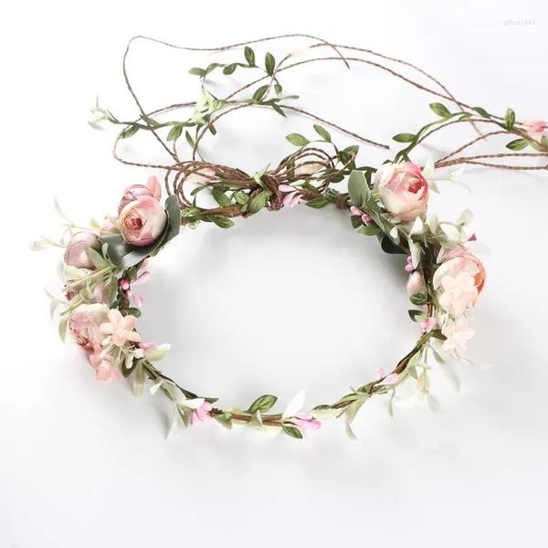 Impermeables Faux Rose Rattan Flower Crown Hairband Floral Garland Diadema Boda Playa Decorar Po Props Mujeres Niña Accesorios para el cabello