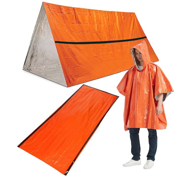 Équipement de survie d'urgence en plein air, imperméable, réfléchissant la chaleur, poncho thermique, avec sac de couchage et abri de tente pour le camping 230920