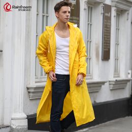 Rainfreem Mannen / Dames Regenjas Impermeable Rain Jacket Plus Size S-6XL Geel Poncho Camping Rainwear Hooded Rain Tandwiel Kleding 201110