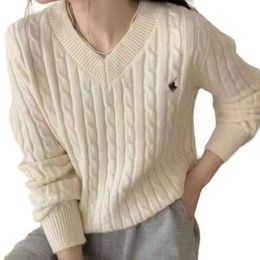 Ralphs Designer Pull Laurens Original Qualité Poney Broderie Pâte Frit Twists Col En V Niche À Manches Longues Pull Tricoté Top Pull Femmes