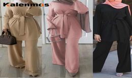 Ramadan Eid Muslim Dress Femmes 2Pecs Set Blouse Pantalon de jambe large Dubai Abaya Laceup Solid Ropa Kaftan EAU islamique Turquie africain Y25202854