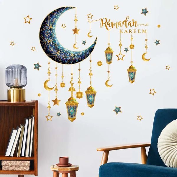 Ramadan Kareem Wall Stickers Eid Mubarak décor Moon Star Lantern Window Sticker Muslim Islamic Home 240312