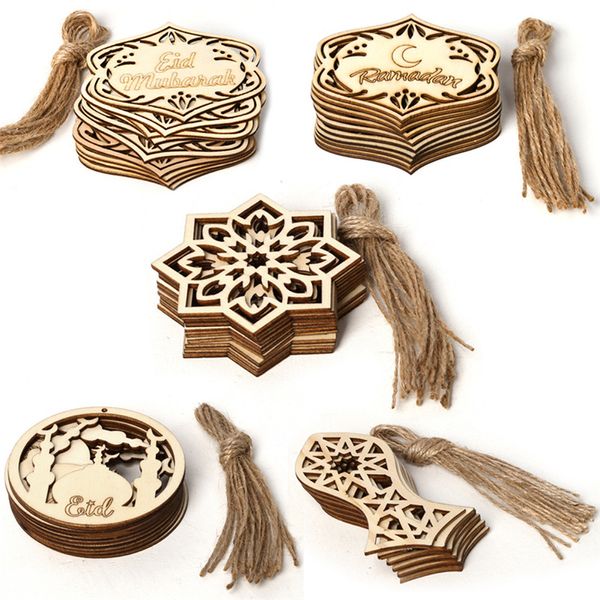 Ornement en bois pour Ramadan Eid Mubarak, pendentif étoile de lune musulman, ornements artisanaux en bois pour Eid al-fitr 10 pièces/ensemble