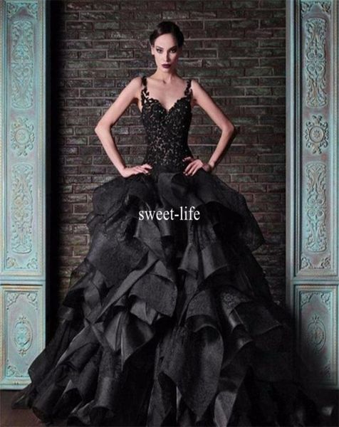 Rami Kadi Black 2019 Vestidos de novia de vestidos de pelota Corresas de espagueti Vintage Vestido Satin Gothic Gothic Formal Formal Weddin3019146