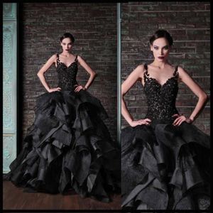 Rami Kadi robe de bal noire robes de bal à volants à plusieurs niveaux Vintage dentelle Spaghetti gonflé robes de bal bas dos Pageant robes de soirée305M