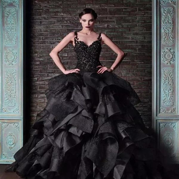 Rami Kadi Noir Robe De Bal Robes De Mariée Bretelles Spaghetti Vintage Dentelle Organza Volants Puffy Gothique Robe De Mariée Formelle De Mariage G328Q