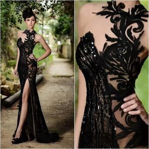 Rami Salamoun Elegant Prom Dresses Beading Split Appliqued High Neck Mermaid Sequins Evening Dresses 2019 Real Image Cheap Long Formal Gowns