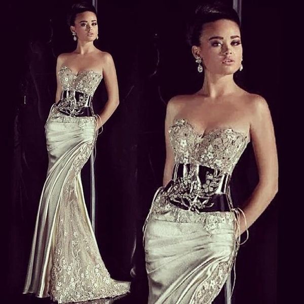 Rami Salamoun sirène robes de soirée plis dentelle appliques chérie cou balayage Train robes de bal robe de soirée formelle 4024