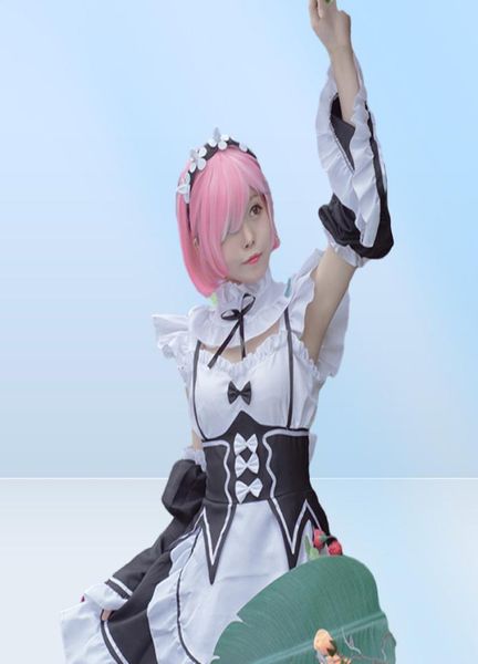 Ramrem Cosplay Costumes Rezero Kara Hajimeru Isekai Seikatsu Lolita Jupe pour femme Blue Pink Wig Costume Maid Servant Robe Anim1554735