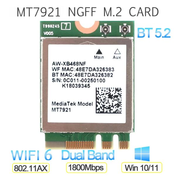 RAMS Utilisé WiFi 6 MediaTek MT7921K MT7921 1800M Bluetooth 5.2 Bureau / ordinateur portable La carte réseau wifi sans fil prend en charge Windows10 / 11