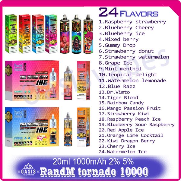 RandM Tornado 10000 Puff Cigarette électronique jetable Dispositif réglable 20 ml Pod Mesh Coil 24 Saveurs Après-vente sans souci Puffs 10k Vape Pen