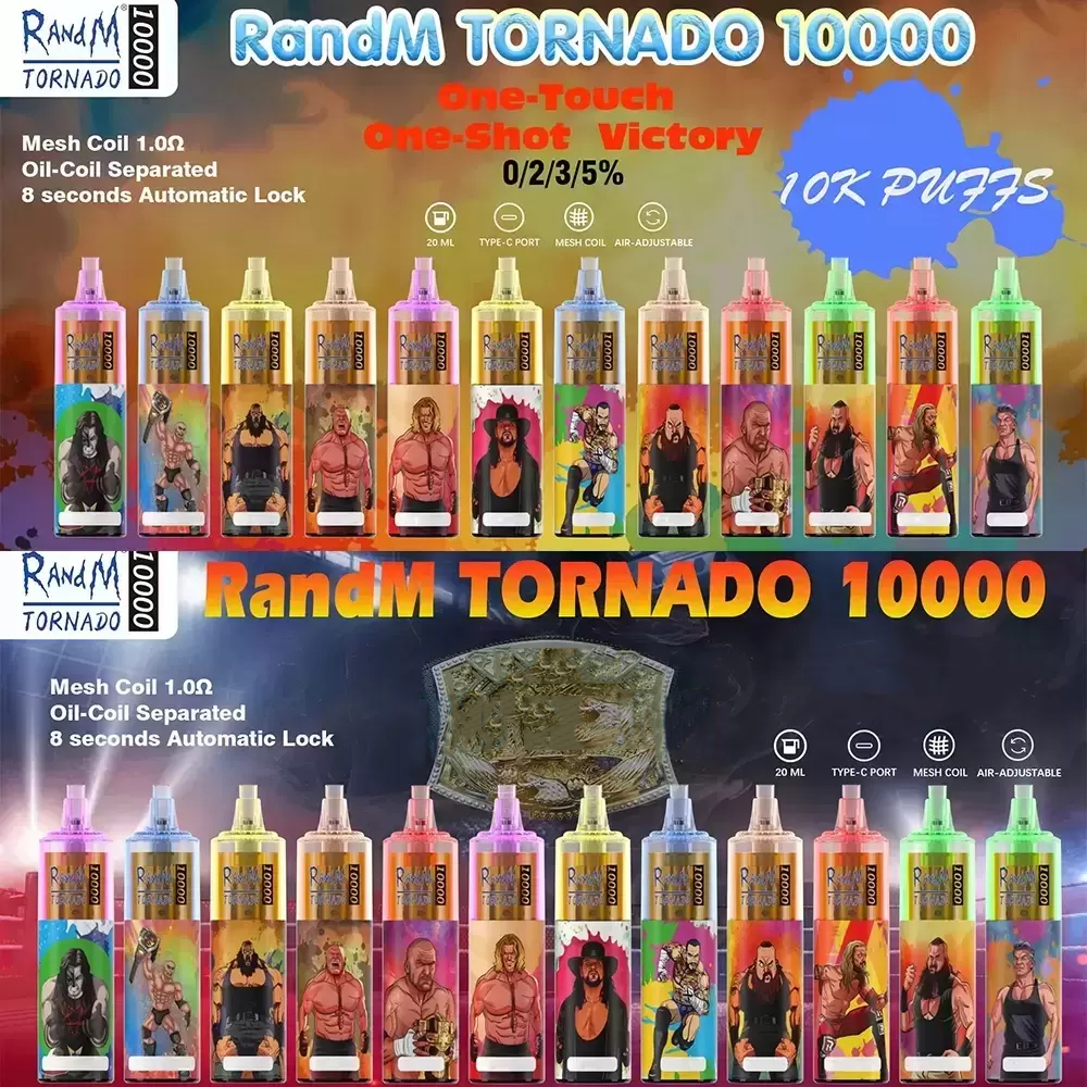 Randm Tornado 10000 Puffs Disposable E Sigaretten Luchtstroomcontrole Device 6 Kleuren RGB Licht 0% 2% 3% 5% 20 ml 10K PUFKS VAPE PEN Authentieke Puff 10000