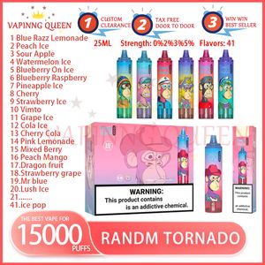 Randm Tornado 15000 Puff Dernichable E Cigarettes 25 ml POD 850 MAH Batterie Cigs Electronic Puffes 15K 0% 2% 3% 5% Vape Pen 41 Flavors
