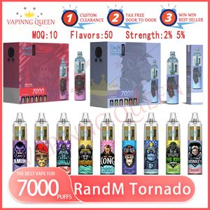 RandM Tornado 7000 Puff Cigarette électronique jetable 14 ml Liquide RVB Lumière Batterie rechargeable 1000 mAh 50 Saveurs Puffs 7K Vapes