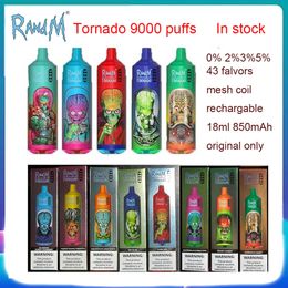 RandM tornado 9000 Puff 9k Kit d'e-cigarettes jetables Caractéristiques 18ml Vape 0 2 3 5% Rechargeable 850mAh Batterie intégrée Associée 43 saveurs