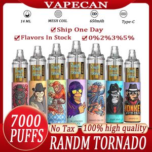 RandM Tornado Puff 7000 Puffs 7K Originele Fumot-wegwerpartikelen Vapes Pen Vaper Puff 7000 Elektronische sigaretten 14 ml Pod Mesh Coil 6 RGB Oplaadbaar Luchtverstelbaar 0% 2% 3% 5%