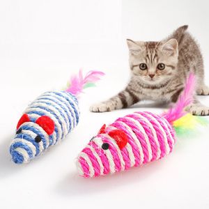 Jouet interactif de chat de couleur aléatoire, souris en Sisal, plumes, jouets en plastique artificiel coloré, jouet Teaser, fournitures pour animaux de compagnie yq01024