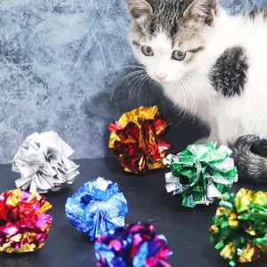 Bolas de Mylar de juguete para gatos de colores aleatorios, anillo colorido de papel, bolas arrugadas con sonido interactivo brillante para gatos, juguete de captura de sonido, pelota de juego para mascotas