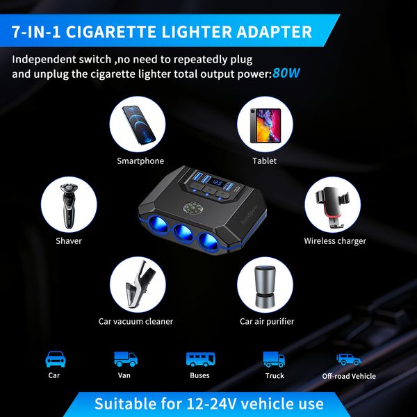 Randpow Lighters 12V-24V Car Cigarette Lighter Socket Splitter 120W Gadgets Auto Gadgets LED Chargeur USB pour téléphone mobile