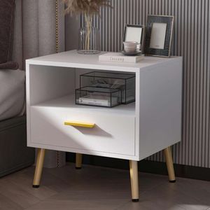 Table de chevet blanche moderne RANK avec pieds en métal doré, adaptée au salon et à la chambre à coucher