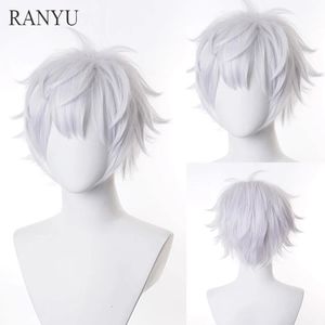 Ranyu witte mannen pruik kort rechte synthetische anime haar hoge temperatuur vezel voor cosplayfeest 240409