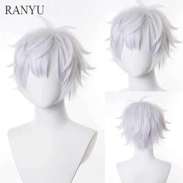 Ranyu White Men Wig Corto de anime sintético Cabello de anime a alta temperatura Fibra para la fiesta de cosplay 240412