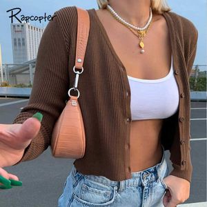 Rapcopter marron tricots Y2K Harajuku haut court tricoté Cardigans col en V t-shirt femmes automne hiver t-shirt haut Outwear 90S t-shirt X0628