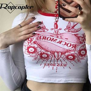 Rapcopter Grunge Crop Top Y2K Esthétique T-shirt à manches longues O Cou Pulls Rétro Mignon Tshirt Femmes Automne Hiver Harajuku Top 210819