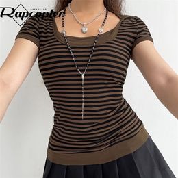 Rapcopter y2k Top corto a rayas con capucha, camiseta de manga corta para mujer, bonita camiseta Retro marrón de verano para mujer, camiseta informal Harajuku 220408