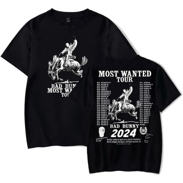 T-shirt manches courtes col rond pour homme et femme, surdimensionné, humoristique, à la mode, avec image du rappeur Bad Bunny, Tour le plus recherché, 2024