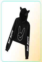 Rappeur Hip Hop Bad Bunny Crop Top à capuche à manches longues Harajuku sweat court Kawaii chat oreille pull haut pour femme Streetwear8818413