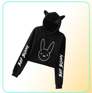 Rappeur Hip Hop Bad Bunny Crop-top Hoodie à manches longues Sweatshirt Crated Harajuku Kawaii Cat Pullover Femmes Tops Streetwear3390598