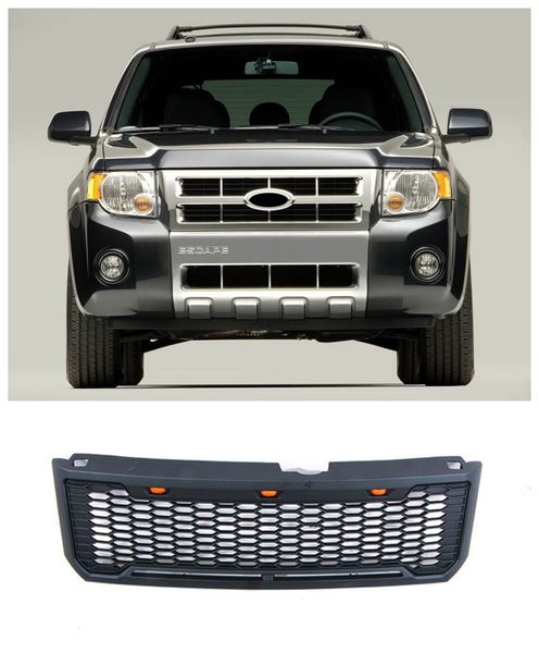 Parrilla frontal modificada estilo Raptor, color negro mate o gris, compatible con Ford kuga Escape 2008-2012, con parrilla de malla superior con luz LED