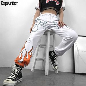 Rapwriter Casual Feu Imprimer Élastique Taille Haute Pantalon Femmes 2020 Été Streetwear Harajuku Pantalon De Survêtement Joggers Pantalon Droit LJ201029