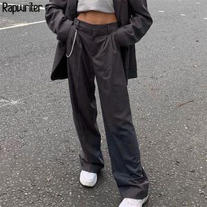 Rapwriter Casual High Taille Straight Pants for Women Suit Pants Streetwear Ladies Losse broekzakken Volledige lengte bodem 201113