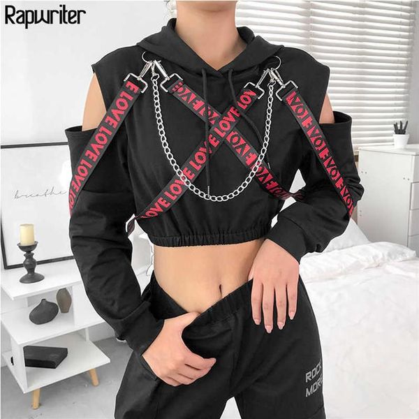 Rapwriter Casual Chaîne En Métal Patchwork Lettre Ruban À Manches Longues Sweat À Capuche Femmes Automne Hiver Noir Harajuku Pull Crop Top T20040233U