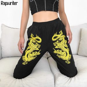 Rapwriter Fashion Dragon Imprimer Pantalon de survêtement Femmes Été Stretch Taille High Taille Streetwear Cargo Jogger Pantalon Crayon Noir 201109