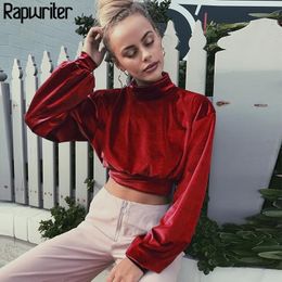 Rapwriter Fashion Velvet bijgesneden Koreaanse sweatshirt vrouwen solide Turtleneck lange mouw Crop Top Sweatshirts pullovers tops 201202