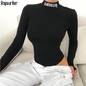 Rapwriter Sexy dos nu lettre broderie col roulé noir body femmes automne hiver à manches longues moulante Fitness body