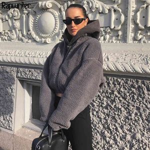 Rapwriter Winter Mode Turtleneck Lange Mouw Grijze Teddy Faux Furry Jas Vrouwen Solid Rits Herfst Jassen Warme Jassen 210415